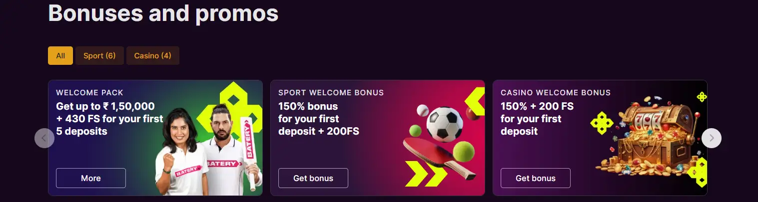 Baterybet website showcasing various bonuses and promotional offers for users in India