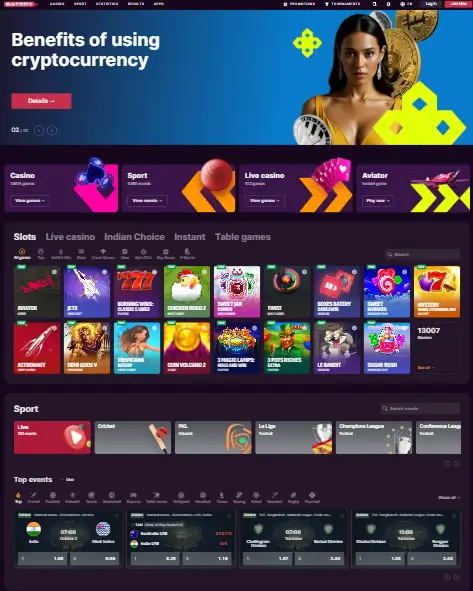 Baterybet mobile app interface on a smartphone displaying betting and casino options