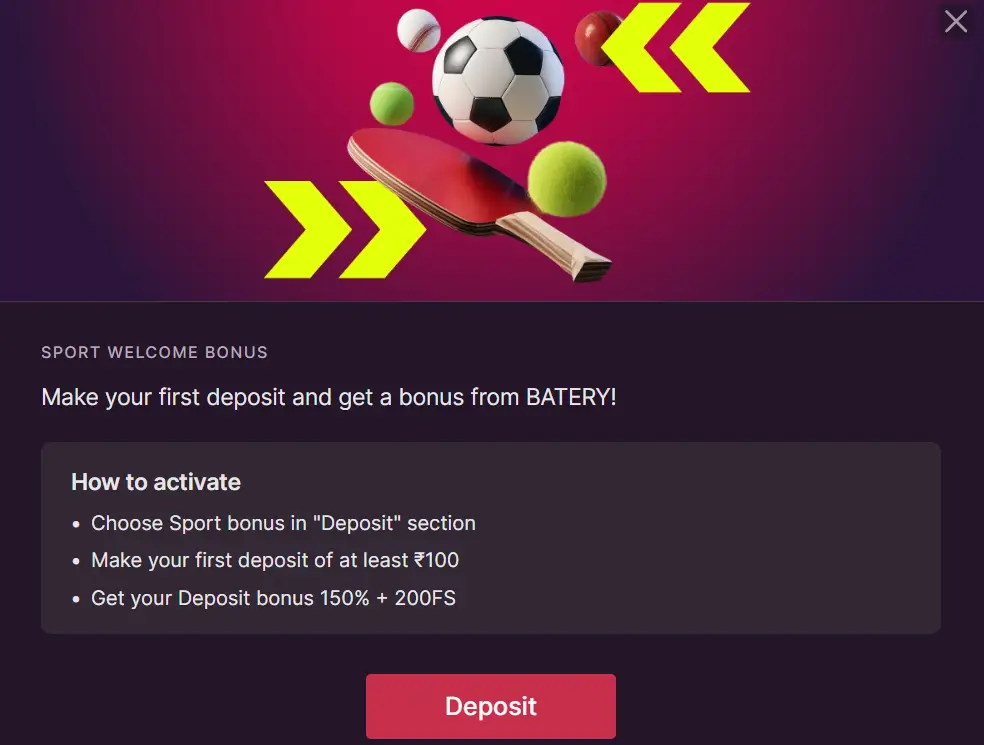 Promotion highlighting Baterybet’s welcome bonus specifically for sports betting